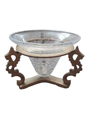 Vintage Conical Crackle Glass Bowl with Ornate Brass Dragon Stand - Mid Century